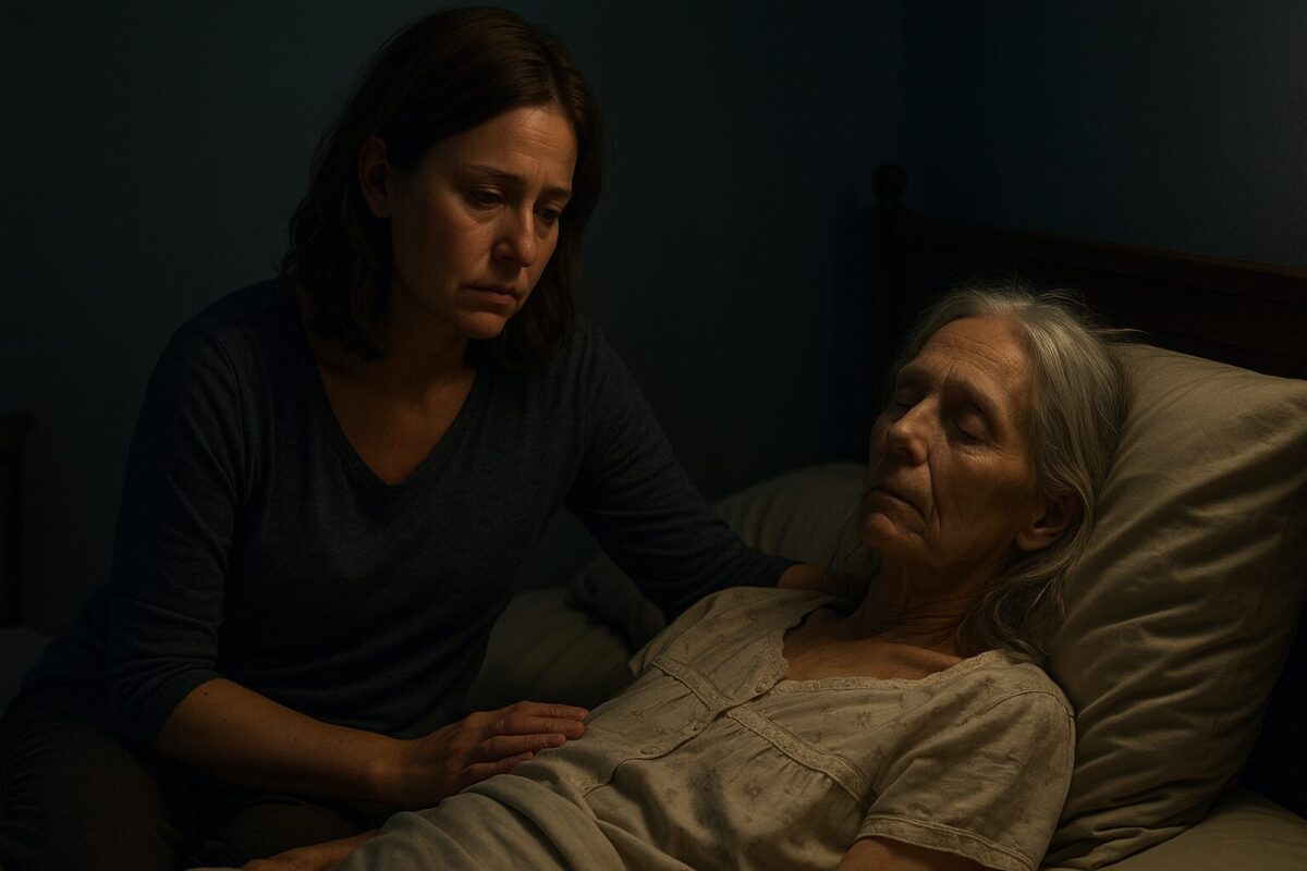 Женщина лет 35 с каштановыми волосами и усталым выражением лица сидит у кровати больной пожилой матери, одетой в ночную рубашку. В комнате сумерки, атмосфера тихой заботы и печали.