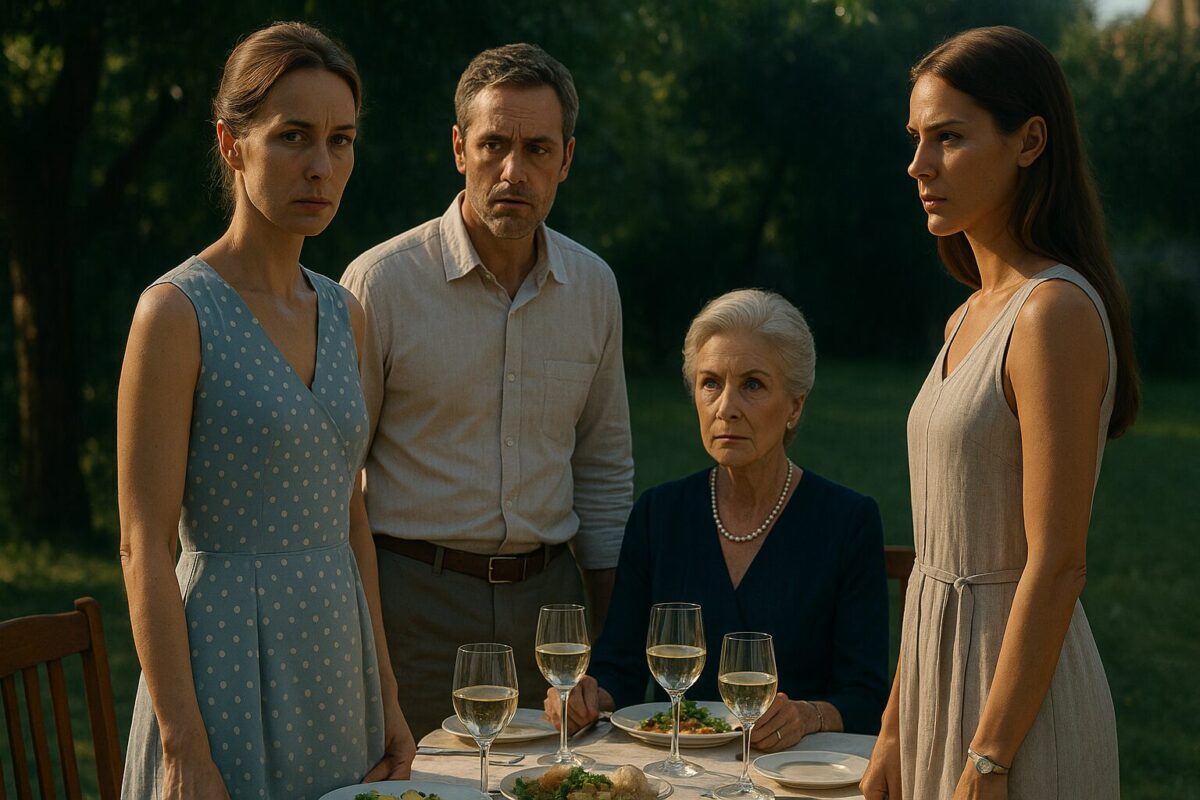 Женщина в голубом платье с белым горохом стоит с напряжённым лицом. Рядом — мужчина в светлой рубашке с тревожным выражением. За столом сидит пожилая женщина с серебристыми волосами и аристократичными чертами. Справа — женщина в светлом льняном платье с серебряным браслетом. На столе — бокалы с белым вином и блюда. Солнечный свет подчёркивает контраст между внешним благополучием и внутренним напряжением.