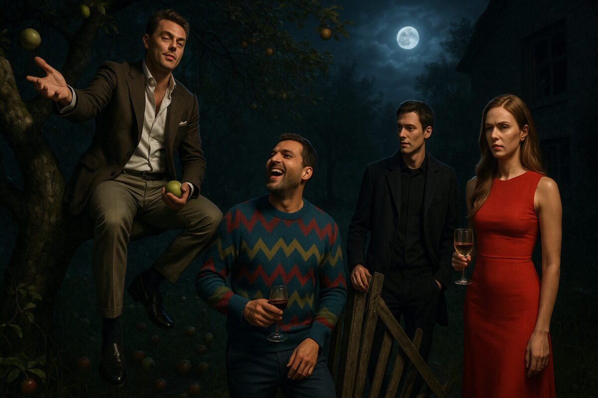 Четверо городских гостей в ночном яблоневом саду: один сидит на дереве и замахивается яблоком, другой смеётся с бокалом в руке, третий стоит у сломанной калитки, женщина с презрением наблюдает за ними, держа бокал. Лунный свет и разбросанные яблоки подчёркивают атмосферу вторжения и вседозволенности.