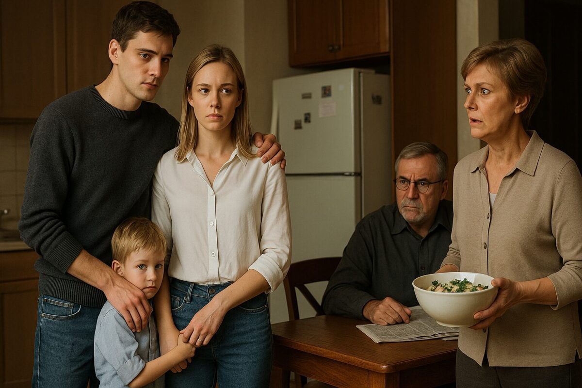 В напряжённой сцене на кухне молодая пара с мальчиком сталкивается с родителями мужчины; все персонажи выражают шок, тревогу и внутреннее напряжение, подчеркивающее важность момента.
