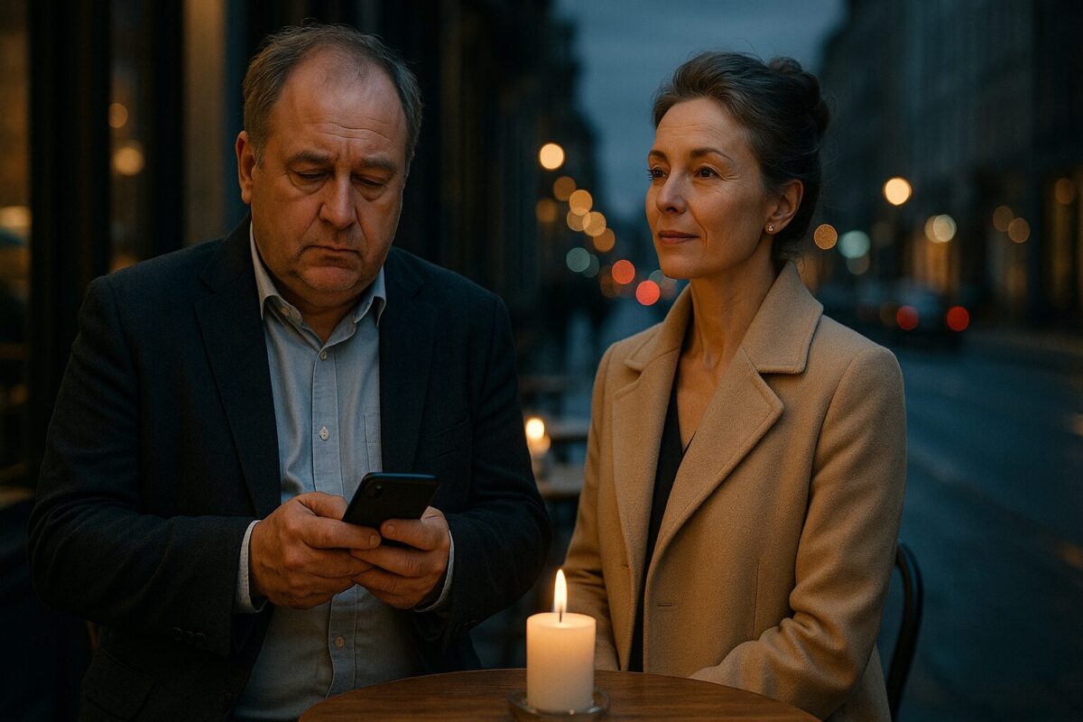 Мужчина в дорогом пиджаке с телефоном в руках стоит у столика кафе с зажжённой свечой, рядом — элегантная женщина в бежевом пальто, на фоне вечернего города и размытых огней.