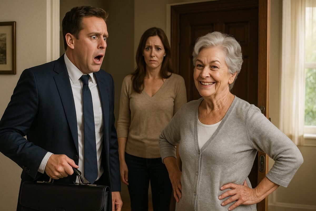 Мужчина в деловом костюме с шокированным лицом стоит в прихожей напротив улыбающейся пожилой женщины и виновато смотрящей женщины средних лет на фоне открытой двери и тёплого домашнего интерьера.