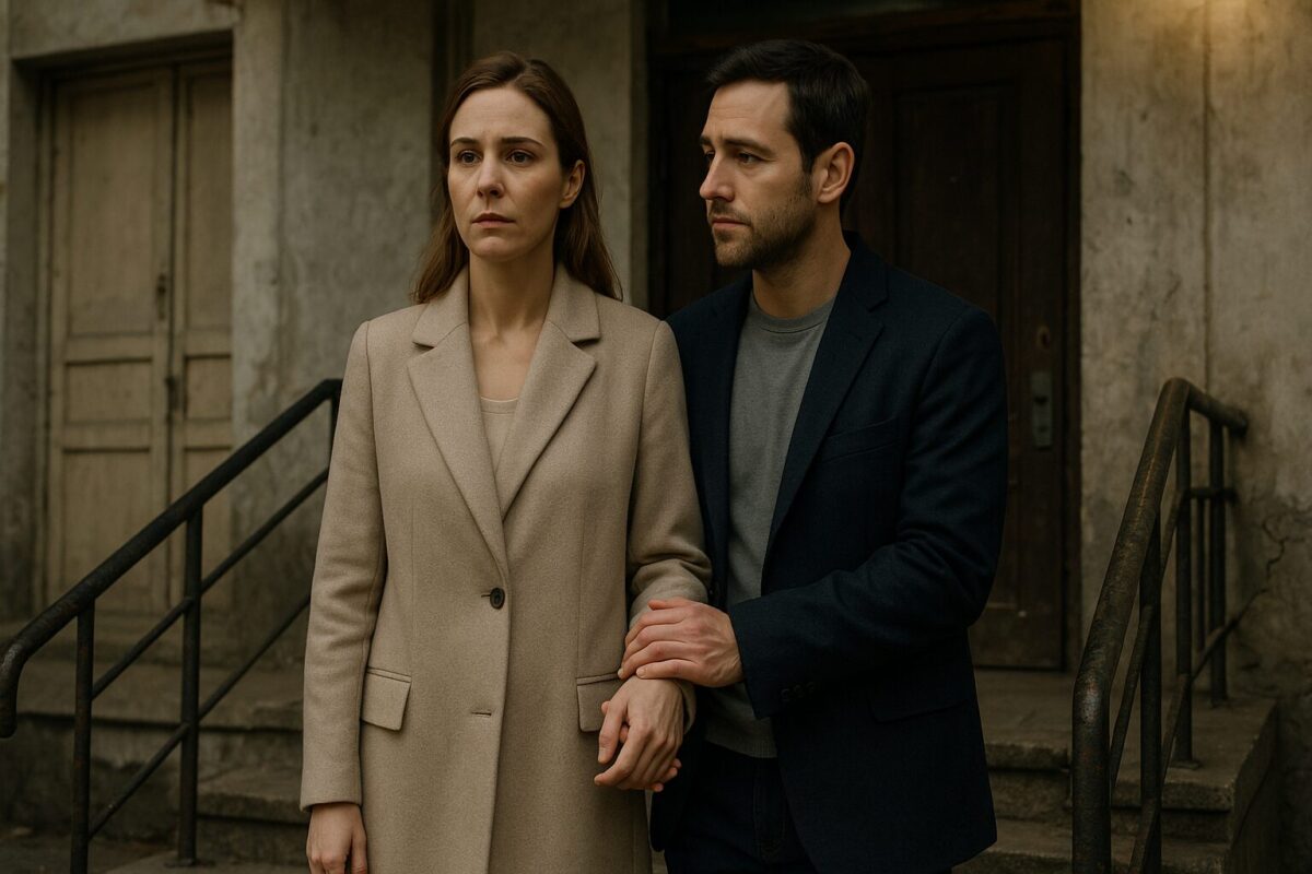 Женщина в светлом пальто с решительным взглядом, рядом мужчина в тёмном пиджаке, он мягко держит её за руку, выражение его лица — поддержка и тревога. Сцена полна напряжённого ожидания.