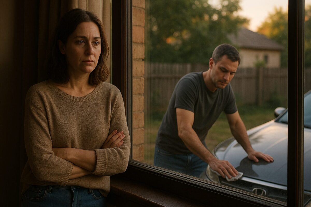Женщина с задумчивым и грустным выражением лица стоит у окна, скрестив руки, в то время как мужчина во дворе протирает капот автомобиля. Вечерний свет создаёт тёплый контраст с холодной атмосферой между ними.
