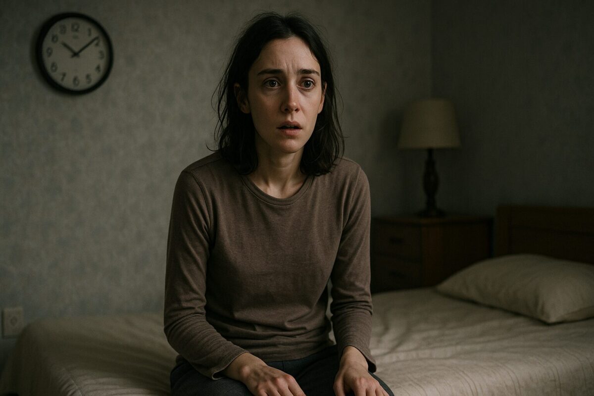 Молодая женщина с худощавым телосложением сидит на краю кровати в тускло освещённой комнате. Её лицо выражает шок и оцепенение, в глазах — тревога и пустота.