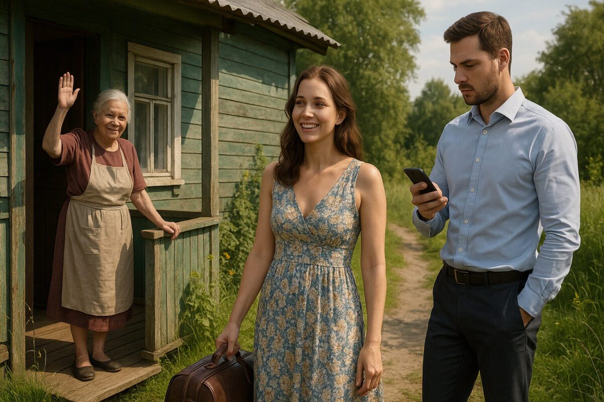 Пожилая женщина машет с крыльца деревянного дома, молодая женщина в летнем платье с сумкой улыбается, а мужчина рядом смотрит в телефон, стоя на фоне зелёной деревенской природы.