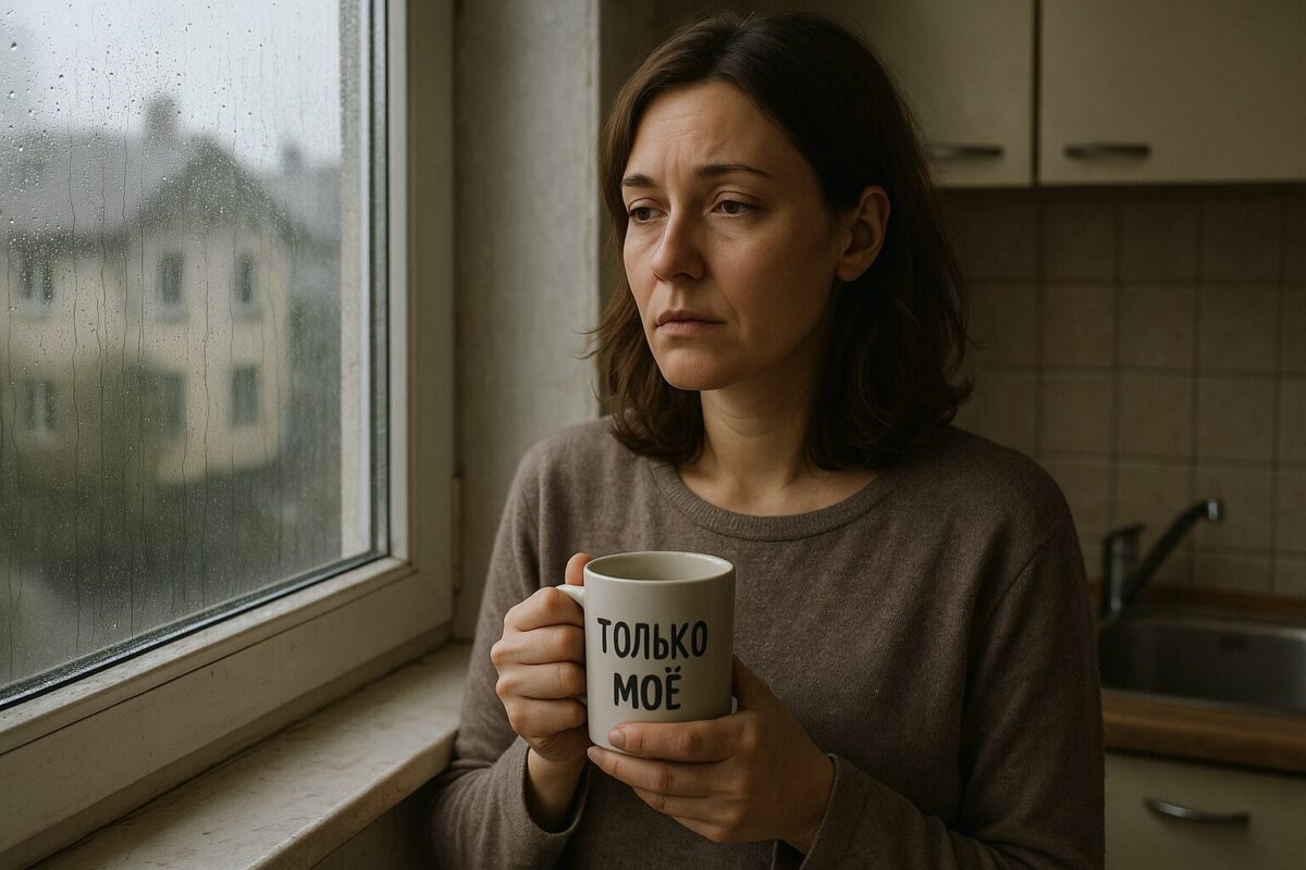 Женщина 30–35 лет с каштановыми волосами и усталым лицом стоит у кухонного окна в пасмурный дождливый день, держа в руках белую кружку с надписью «Только моё».
