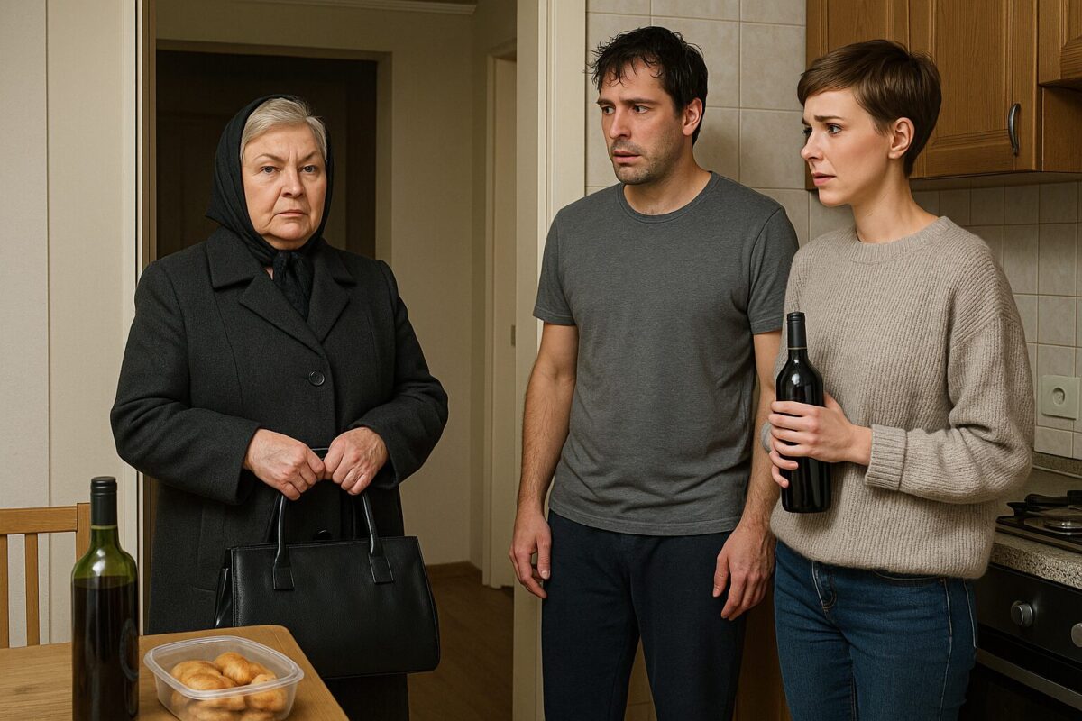 В кухне трое человек — пожилая женщина в чёрном пальто и платке с решительным лицом стоит в дверном проёме, напротив неё мужчина с мокрыми волосами и женщина с короткой стрижкой, держащая бутылку вина; на столе перед ними контейнер с пирожками и ещё одна бутылка. Атмосфера напряжённая и неловкая.