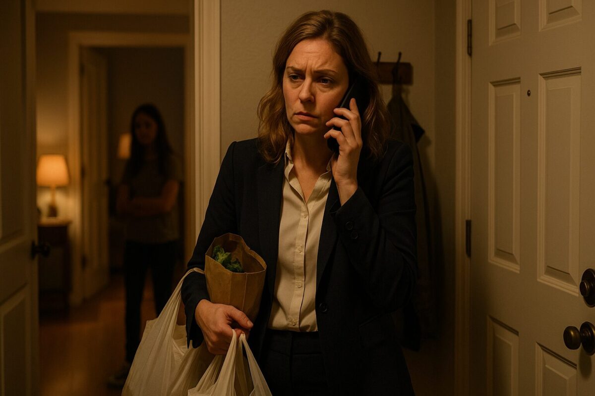 Уставшая женщина в офисной одежде стоит в прихожей с пакетами и телефоном у уха, на заднем плане — силуэт девочки-подростка в тёпло освещённой комнате.