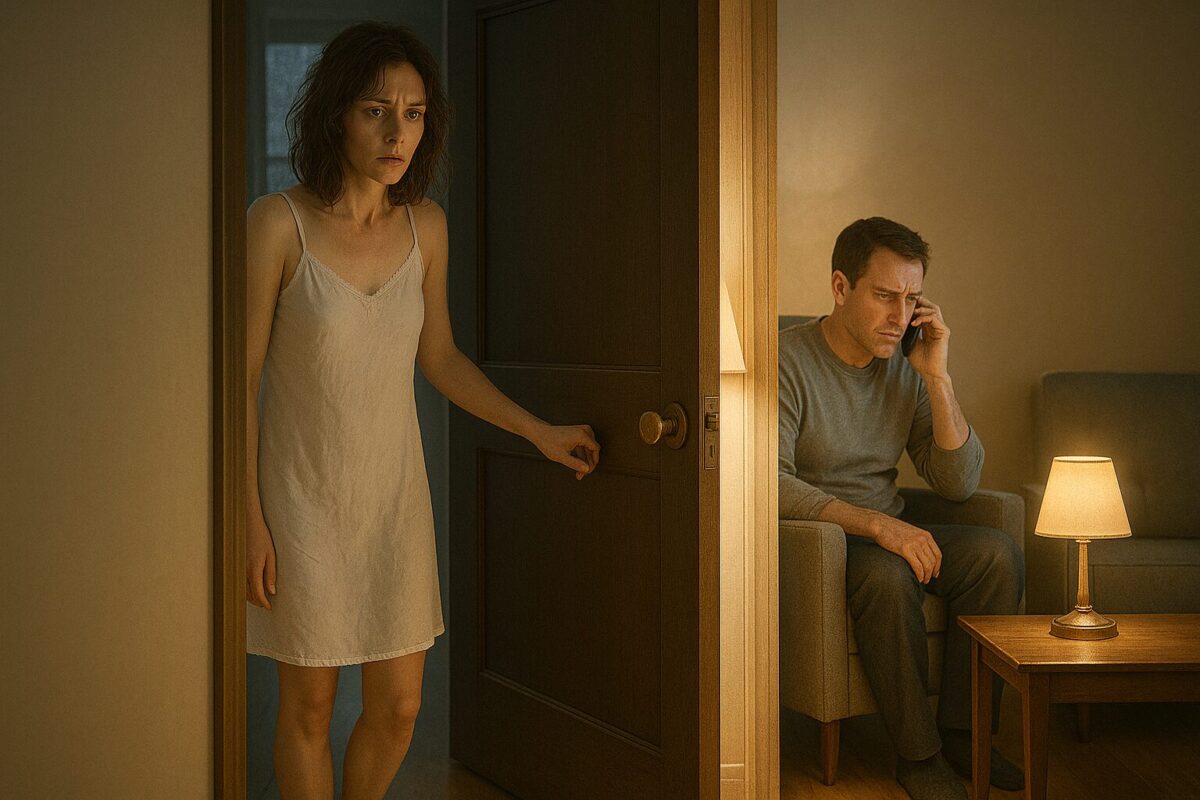 Женщина в белой ночной рубашке стоит у приоткрытой двери, тревожно наблюдая за мужчиной в кресле, который напряжённо говорит по телефону.