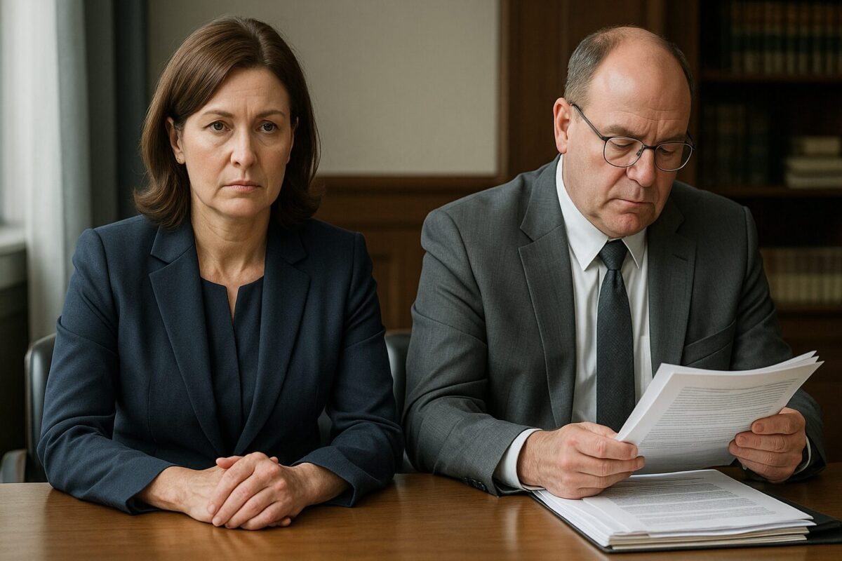 Наталья и её адвокат сидят за деревянным столом в зале суда или юридическом офисе; Наталья в синем деловом костюме выглядит внешне спокойно, но напряжение выдаёт дрожь рук, сложенных на коленях, в то время как адвокат в очках внимательно изучает документы.