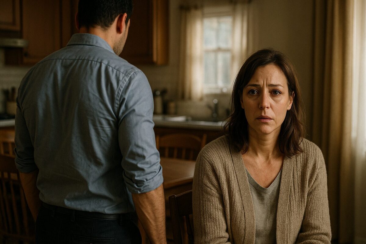 Женщина около 40 лет с каштановыми волосами и тревожным взглядом сидит на кухне, в домашней одежде, на фоне стоит мужчина в рубашке с закатанными рукавами, повернутый спиной. Атмосфера напряжённая, тревожная, несмотря на уют интерьера.