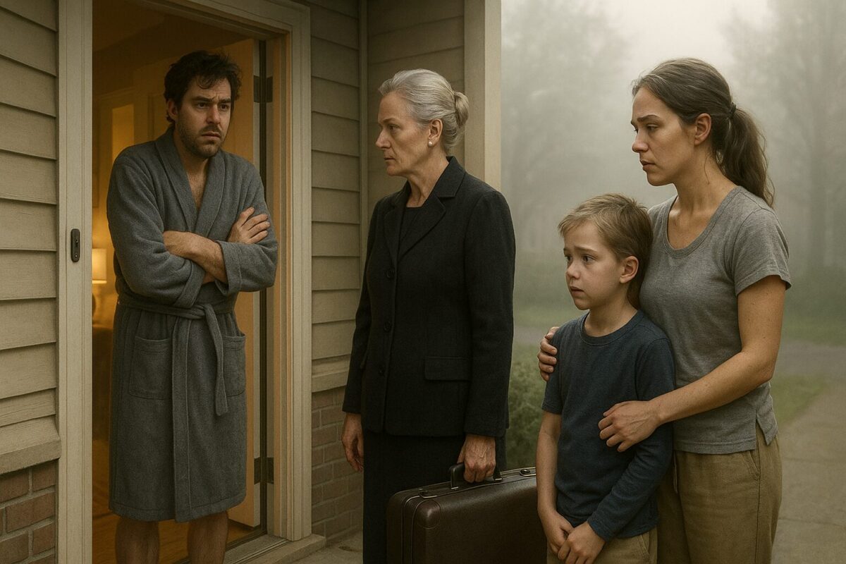 Мужчина в халате стоит на пороге дома перед пожилой женщиной с чемоданом, молодой женщиной и мальчиком, прижимающимся к ней; сцена передаёт атмосферу неловкости и напряжения ранним утром.