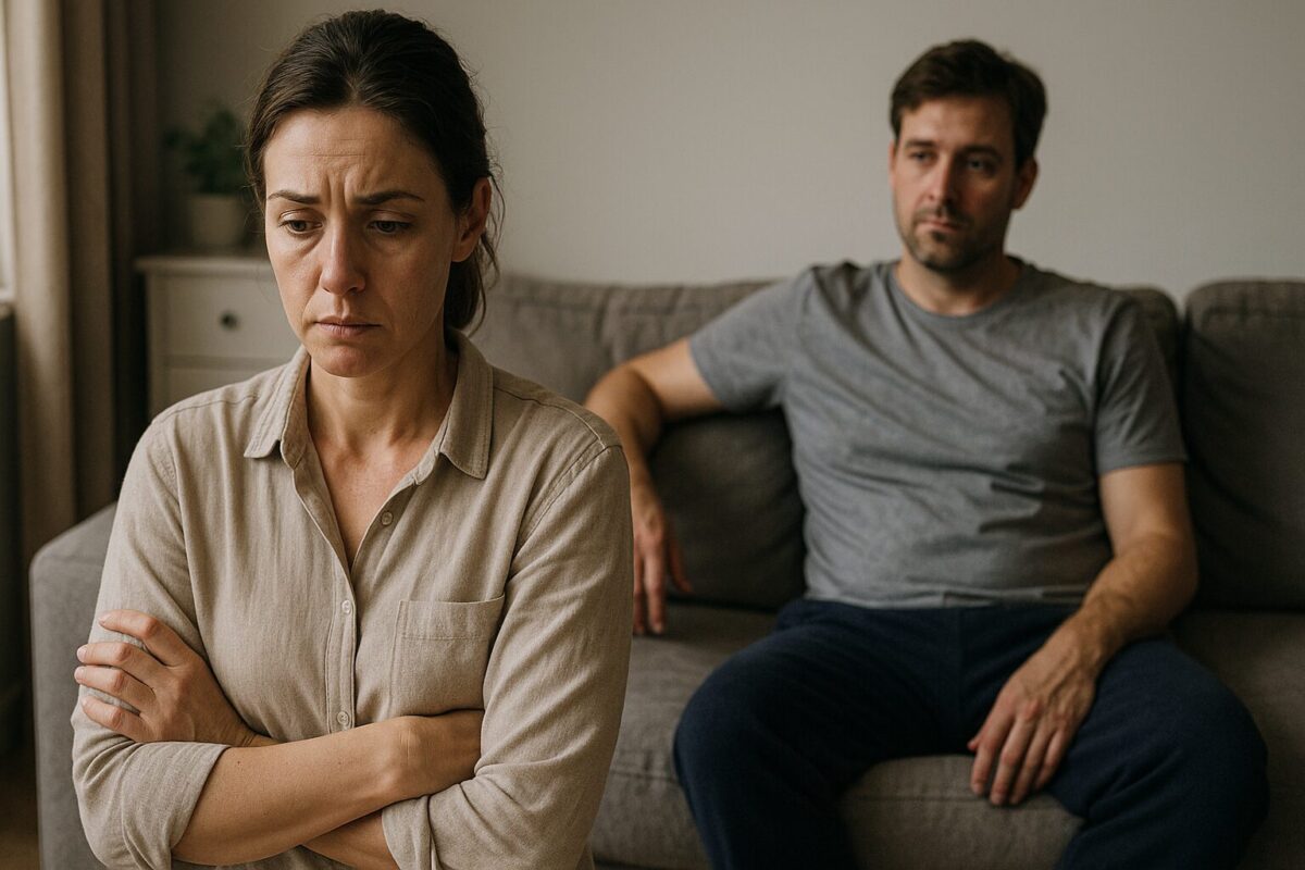 Женщина около 38 лет с усталым взглядом и аккуратно собранными волосами стоит, скрестив руки, с выражением тревоги и разочарования на лице. Позади неё, на диване, небрежно сидит мужчина около 43 лет в домашней одежде, смотрит на неё.
