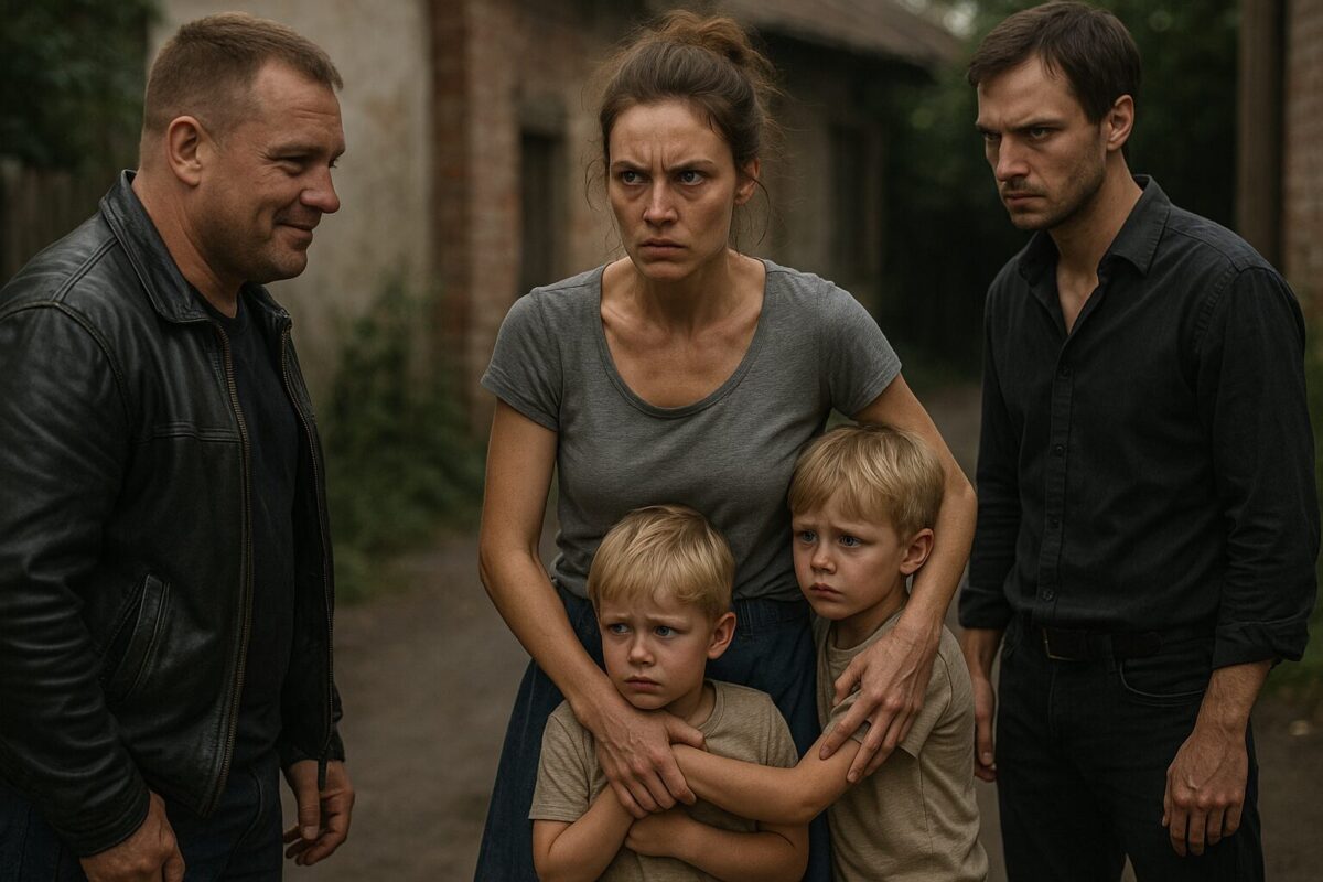 Молодая женщина с решительным выражением лица защищает своих испуганных близнецов от двух мужчин, один из которых ухмыляется, а другой смотрит холодно; сцена происходит на фоне мрачного двора между домами, создавая напряжённую и угрожающую атмосферу.