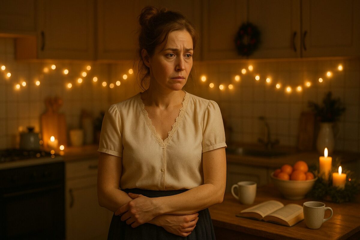 Женщина средних лет с задумчивым, обеспокоенным выражением лица стоит на кухне, уютно освещённой тёплым светом и украшенной к празднику: гирлянды, свечи и миска с апельсинами создают атмосферу торжества.