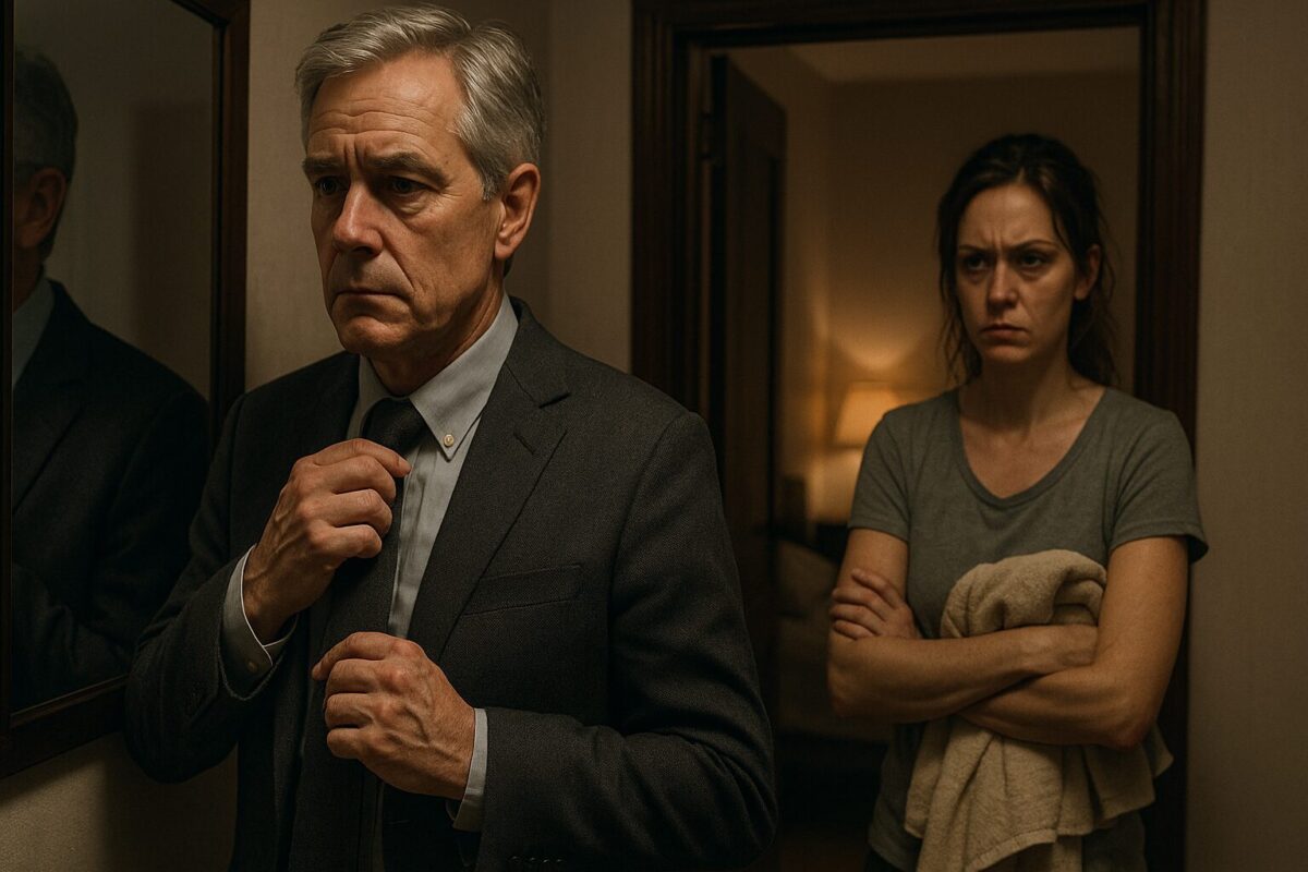 Мужчина лет 63 с седыми волосами и морщинистым лицом стоит перед зеркалом, поправляя галстук на выглаженной рубашке под пиджаком, а женщина около 35 лет с тёмными кругами под глазами и напряжённым выражением стоит в дверном проёме, скрестив руки с полотенцем. Атмосфера напряжённого противостояния, приглушённый свет подчёркивает эмоциональную сцену.