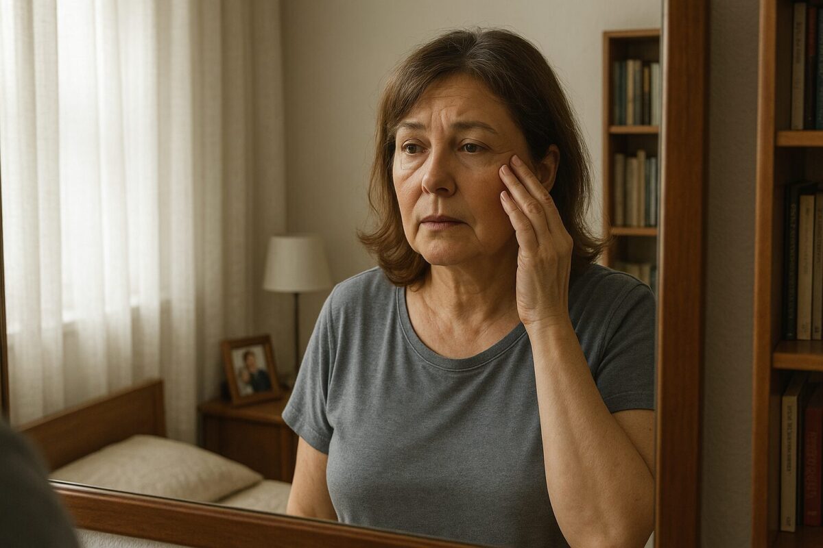 Женщина средних лет в серой домашней футболке задумчиво смотрит на своё отражение в зеркале, слегка касаясь кожи возле глаз.