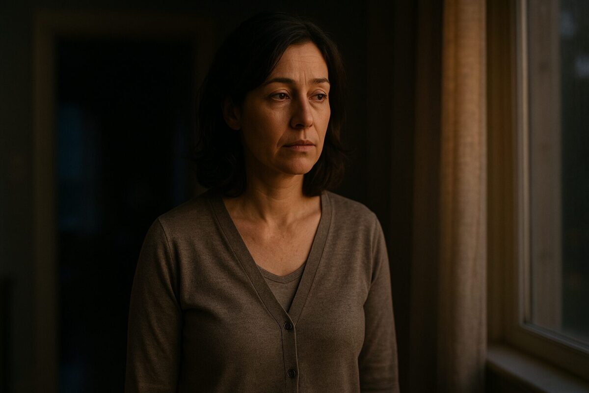 Женщина 40–45 лет с тёмными волосами до плеч стоит у окна, освещённая тёплым сумеречным светом. Она одета в домашнюю одежду спокойных тонов, на лице выражение тихой решимости, грусти и облегчения.