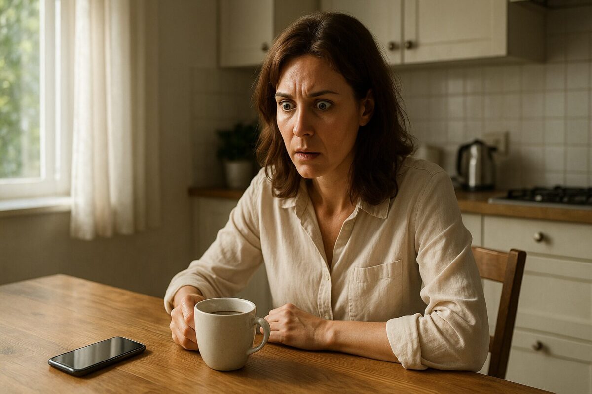 Женщина 35–40 лет с каштановыми волосами до плеч сидит на светлой кухне за деревянным столом, в классической домашней одежде. Она держит в руке кружку кофе, тревожно смотрит на смартфон, лежащий перед ней. На лице — выражение потрясения и напряжения. Утренний солнечный свет заливает комнату, создавая мягкие тени.