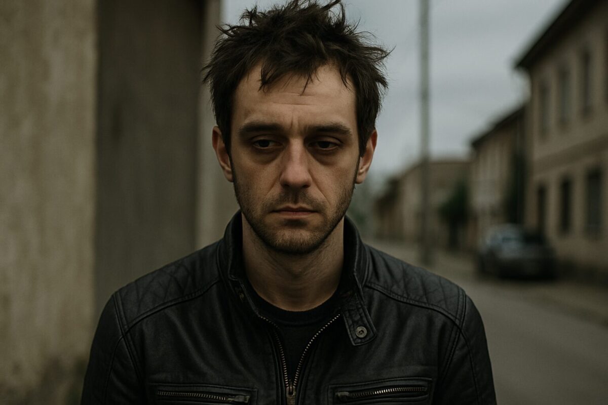 Молодой мужчина с бледным лицом и тёмными кругами под глазами стоит на пустынной городской улице. На нём чёрная мотоциклетная куртка, волосы взъерошены, трёхдневная щетина. Его взгляд отрешённый и уставший, атмосфера сцены мрачная и напряжённая.