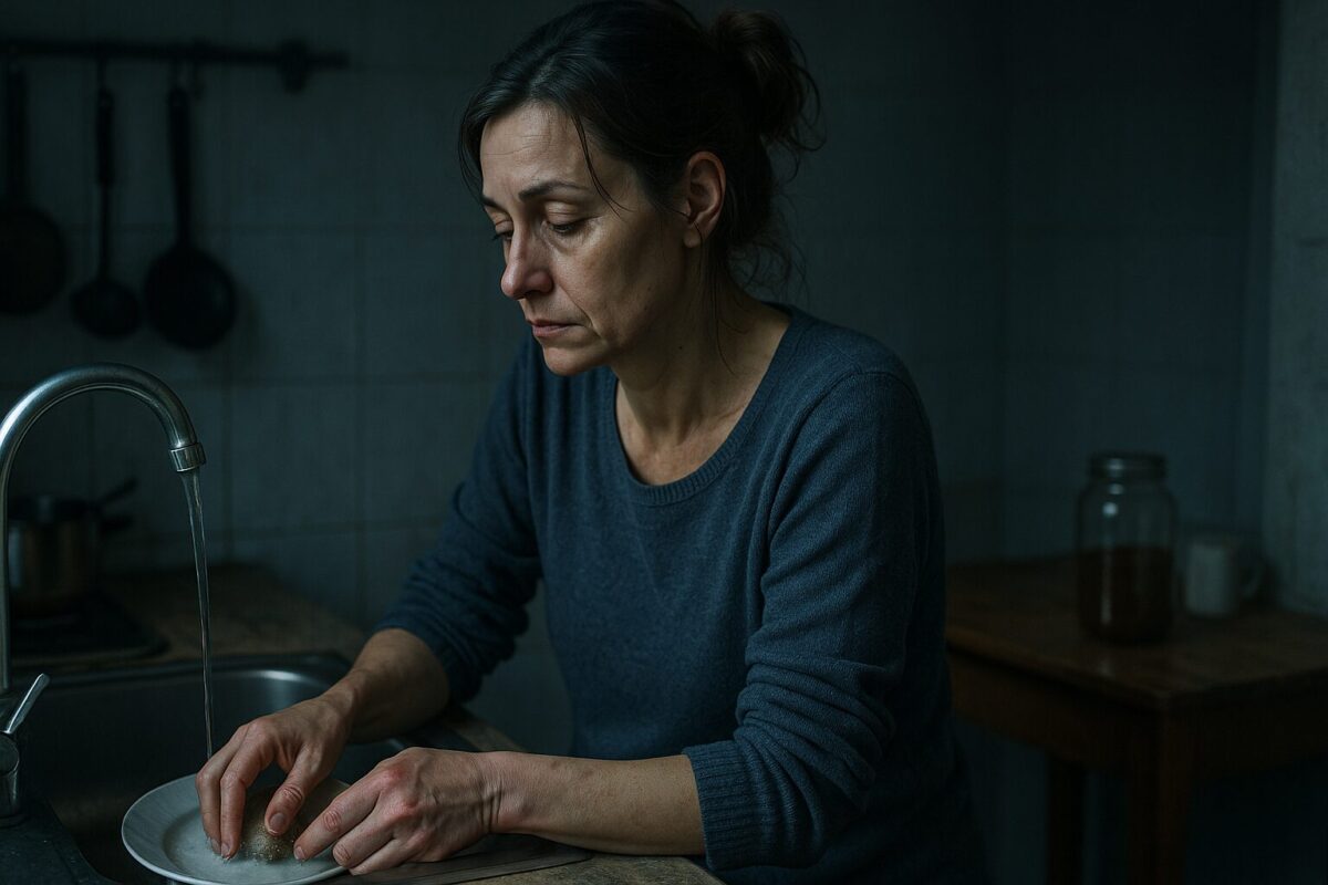 Женщина средних лет с осунувшимся лицом и усталым взглядом моет посуду в тускло освещённой кухне, погружённая в мысли.