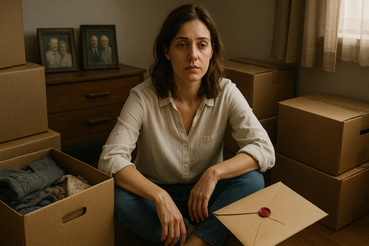 Женщина около 34 лет с каштановыми волосами сидит на полу среди коробок