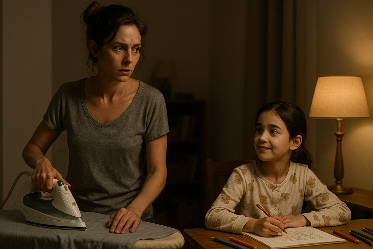 Уставшая женщина гладит одежду, застыв в напряжённой позе, наблюдая за дочерью, которая с лёгкой полуулыбкой смотрит на неё, сидя за столом с альбомом и карандашами; домашний вечер, мягкий свет лампы, контраст уютной обстановки и внутреннего смятения.