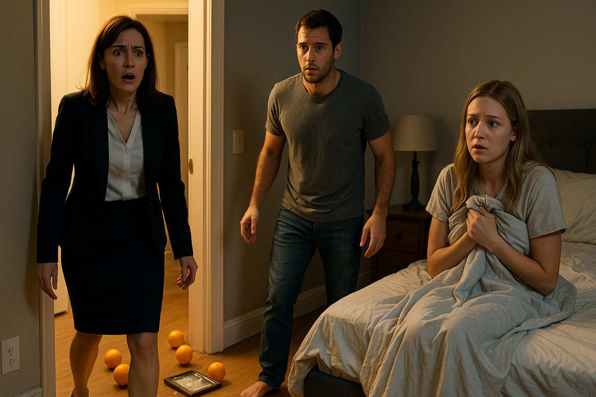 Женщина в деловом костюме стоит в дверях спальни с выражением шока и боли, на полу рассыпаны апельсины и разбитая фоторамка; мужчина в футболке и джинсах выглядит растерянным, стоя между ней и кроватью, на которой сидит испуганная блондинка в пижаме, прижимая к себе одеяло.