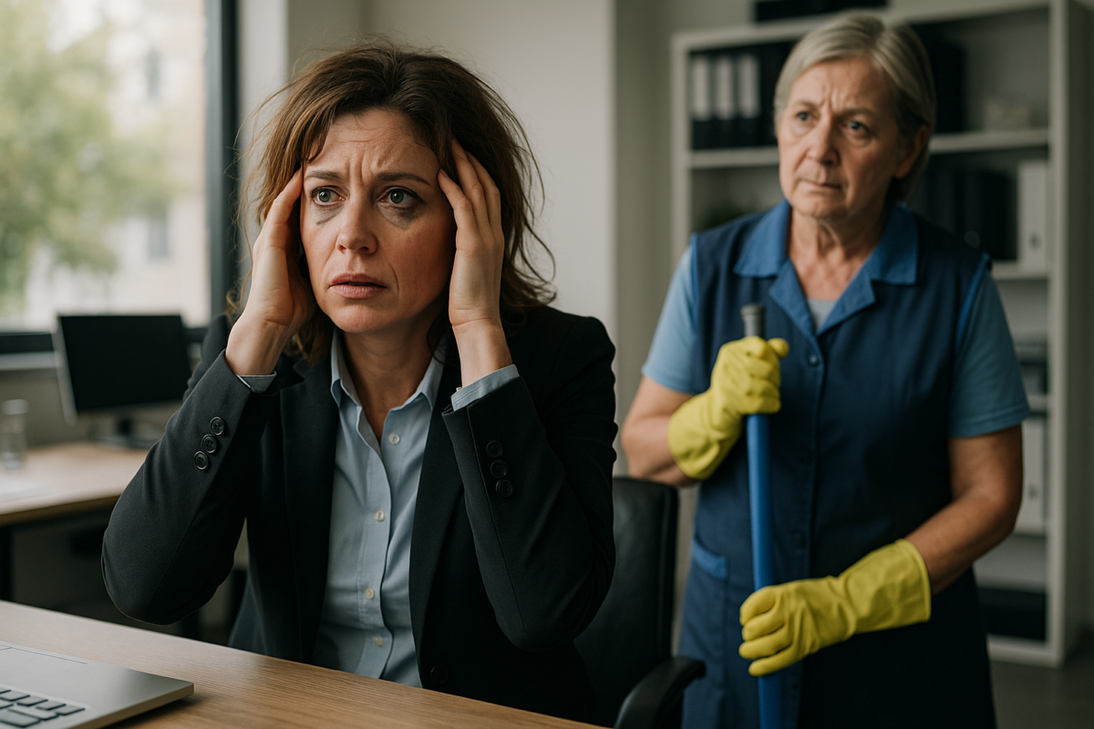 В офисе женщина в деловом костюме с растрёпанными волосами и потёкшим макияжем сидит в отчаянии за столом, держась за голову. Позади неё уборщица в униформе с жёлтыми перчатками сочувственно смотрит на неё, держа швабру.