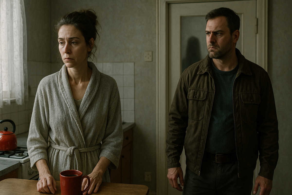 Уставшая женщина в домашнем халате стоит у кухонного стола с кружкой в руках, рядом мужчина в рабочей одежде с напряжённым выражением лица; за их спинами дверь, за которой угадывается силуэт подростка. Атмосфера тревожная и напряжённая, свет холодный.