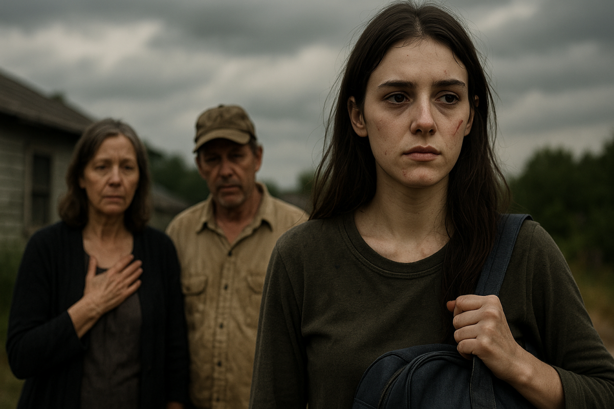 Молодая женщина с дорожной сумкой и царапиной на щеке стоит на переднем плане, позади неё — мать с печальным взглядом и отец в засаленной кепке; на фоне — пасмурное небо и старая сельская постройка, создающие атмосферу горького расставания.