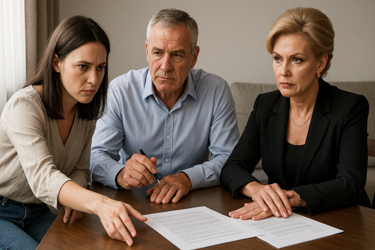 Наташа напряжённо тянется к документам, сидя на краю стула; её отец постукивает ручкой по столу с выжидающим выражением, а Марина сдержанно охраняет бумаги, демонстрируя холодную вежливость.