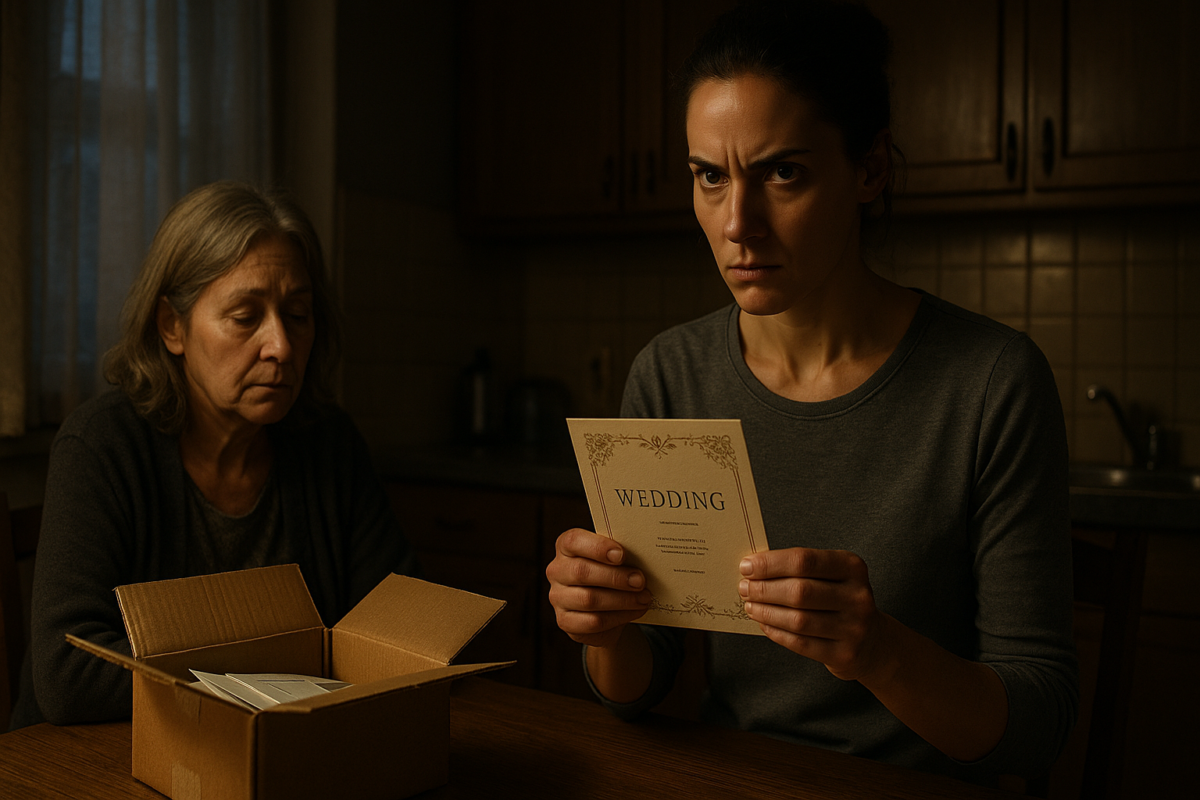Молодая женщина с каштановыми волосами, собранными в пучок, в повседневной одежде, стоит с напряжённым и требовательным выражением лица, держа в руках свадебное приглашение. Пожилая женщина с седеющими волосами и в простом платье сидит, ссутулившись, за столом, опустив глаза.