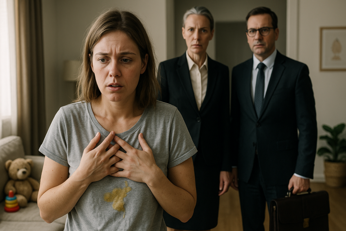Взволнованная молодая женщина в футболке с пятном стоит на переднем плане скромной гостиной, в то время как на заднем плане её напряжённо наблюдают строгая пожилая женщина и мужчина в деловом костюме
