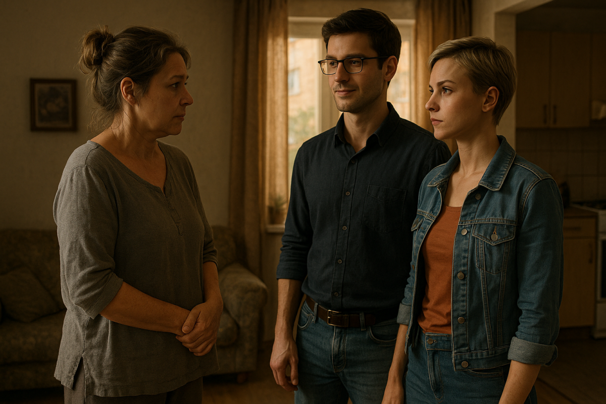 В гостиной при тёплом дневном свете пожилая женщина стоит напротив молодой пары; в воздухе ощущается напряжение и неловкость.