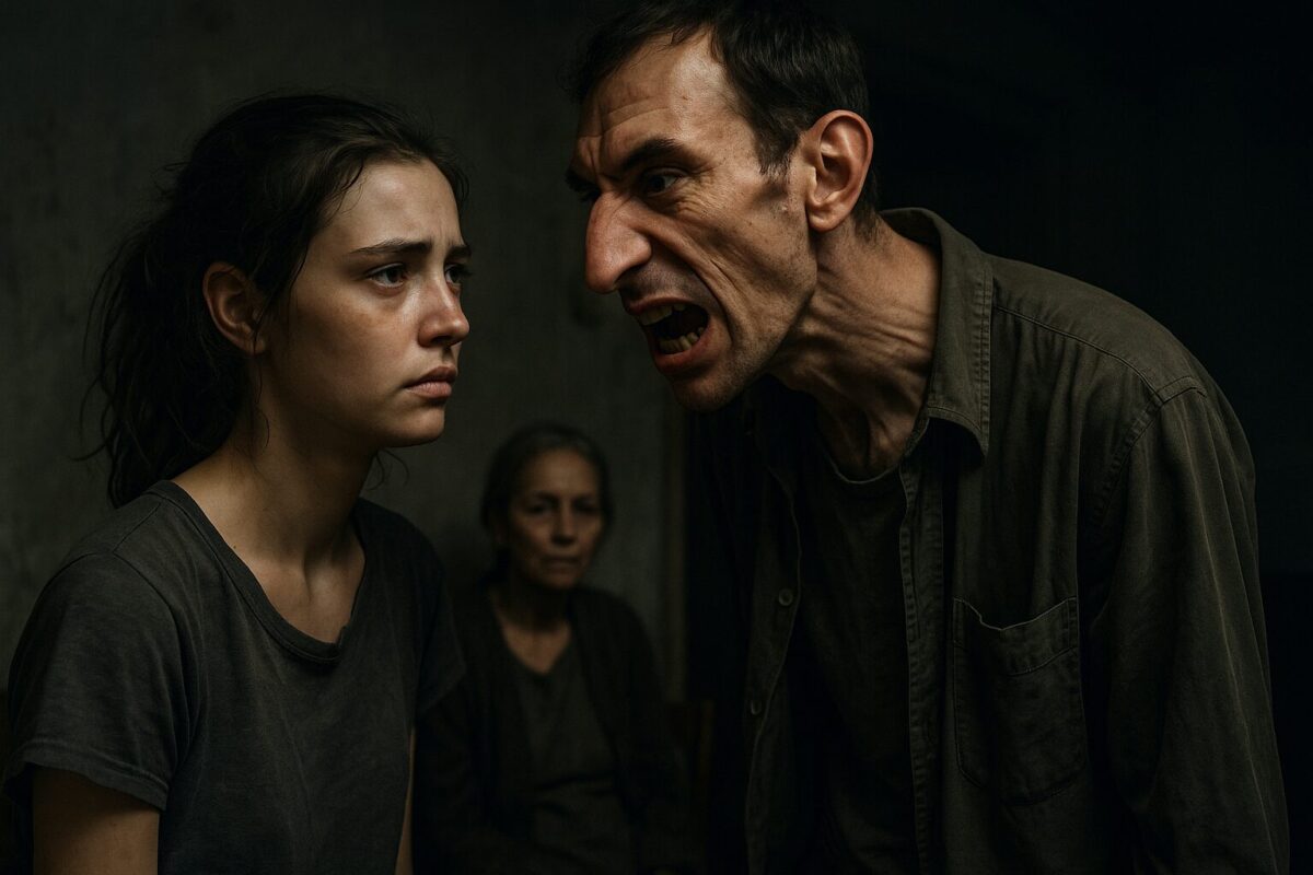 Молодая женщина с испуганным лицом смотрит в сторону, в то время как высокий мужчина с агрессивным выражением кричит на неё. На заднем плане сидит пожилая женщина с безразличным взглядом. Комната тёмная, атмосфера гнетущая.