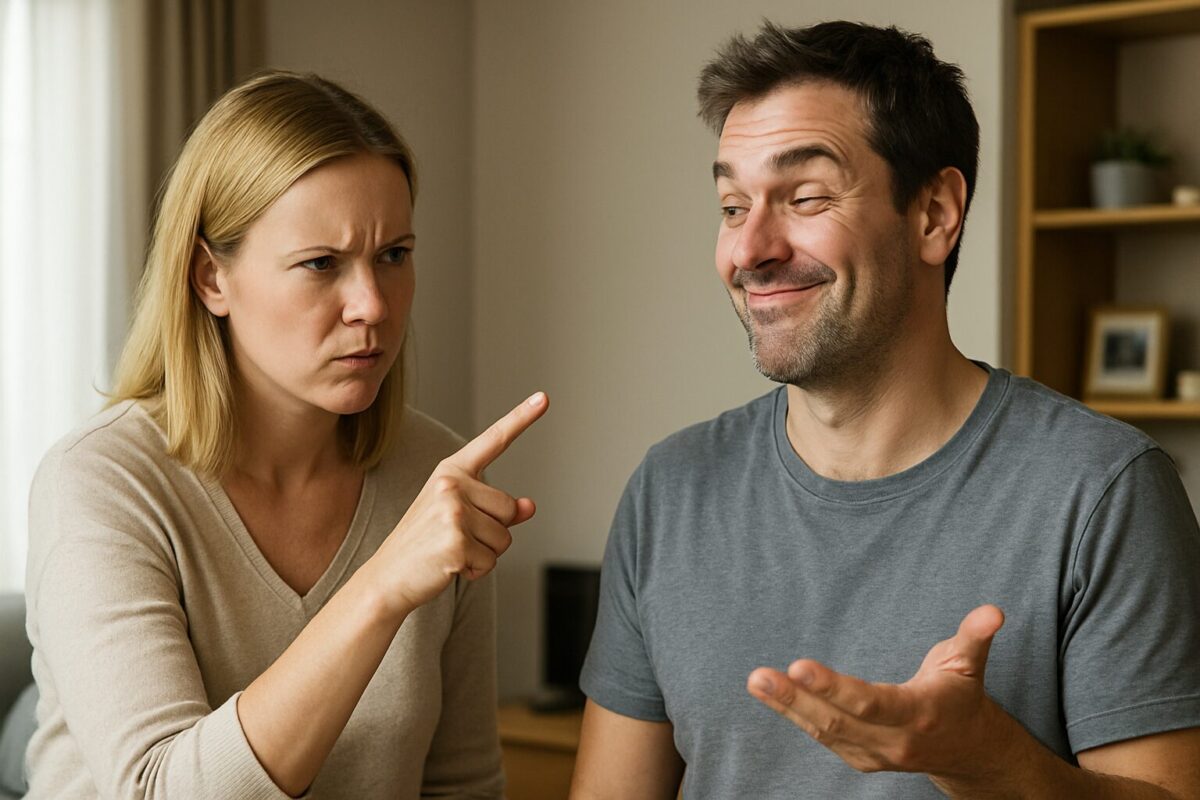 Женщина около 35 лет со светлыми волосами и недовольным выражением лица грозит пальцем мужчине около 40 лет с тёмными волосами и лёгкой небритостью; он в футболке, с ироничной ухмылкой отвечает ей, сидя напротив.