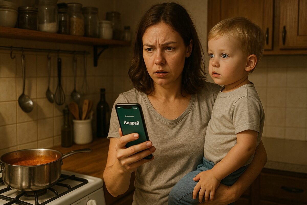 Молодая женщина с усталым, тревожным выражением лица держит на руках маленького мальчика и смотрит на телефон с входящим вызовом от «Андрей»