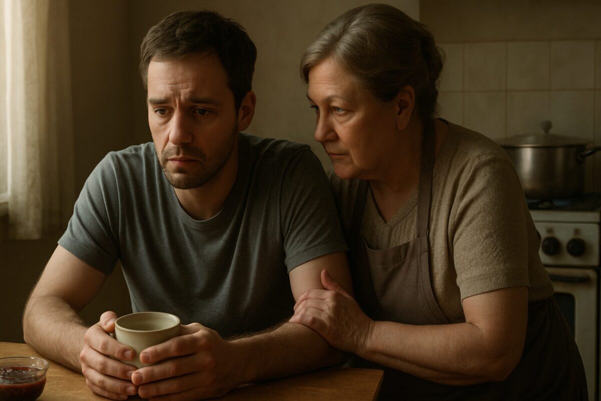 взрослая женщина в домашнем фартуке и её сын за кухонным столом. Мужчина выглядит задумчивым, держит кружку обеими руками, а женщина, стоя рядом, ласково касается его плеча, как будто поддерживая. Атмосфера тёплая, но в глазах обоих — скрытое напряжение.