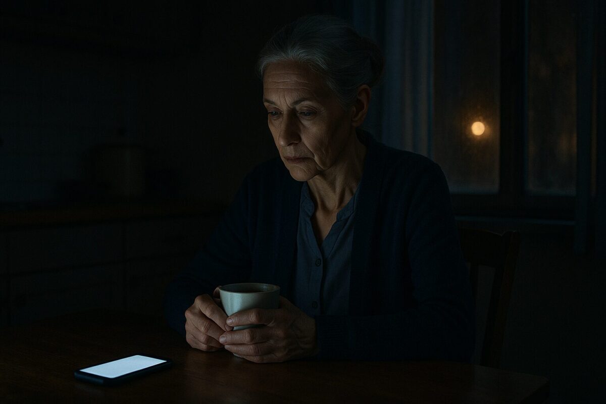 Пожилая женщина с аккуратным пучком седых волос сидит в полутёмной кухне, освещённой уличным светом и экраном телефона. Она держит чашку чая и задумчиво смотрит на экран, выражение лица — усталое и тревожное.
