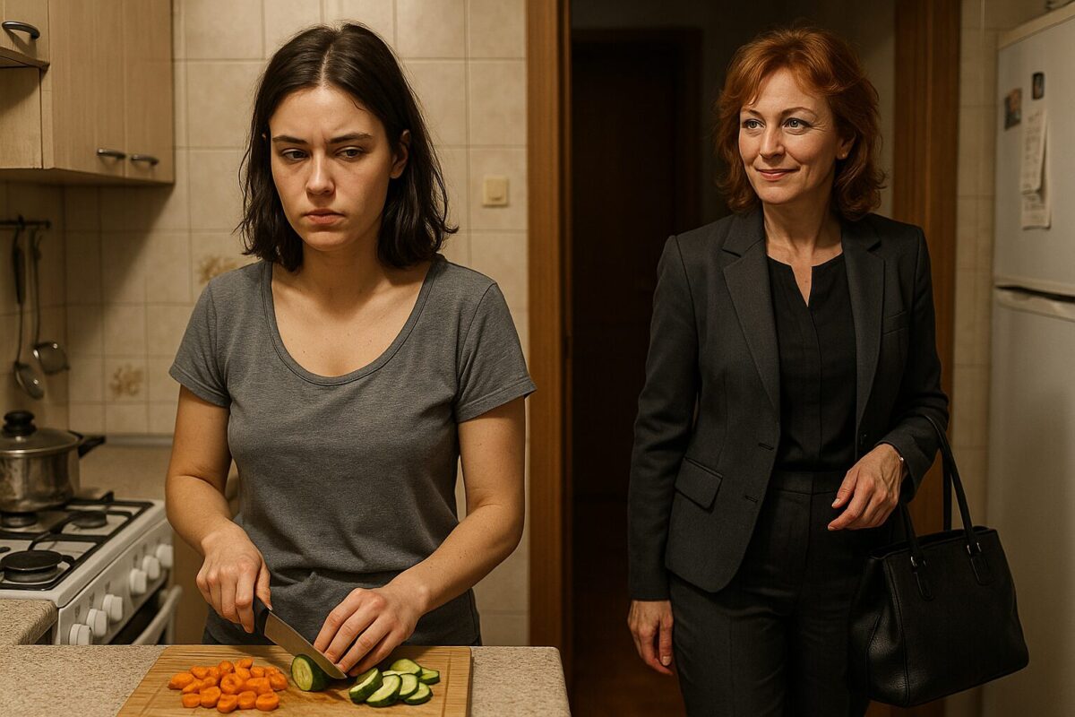 Молодая женщина в домашней одежде с усталым лицом режет овощи на кухне, в то время как старшая женщина в деловом костюме с сумкой наблюдает за ней с напряжённой улыбкой из дверного проёма. Между ними чувствуется скрытый конфликт.