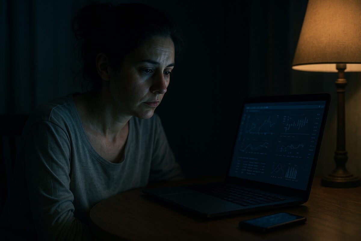 Женщина 30–35 лет с уставшим лицом сидит за столом в полутемной комнате, освещённой светом экрана ноутбука и настольной лампы; на экране графики и формулы, на столе вибрирует телефон.