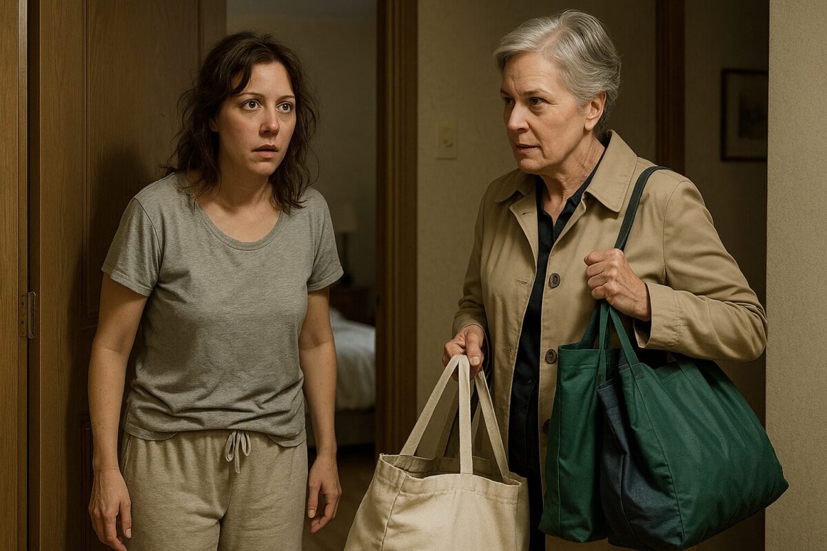 Две женщины в домашней обстановке. Одна, молодая, в пижаме, с удивлённым и настороженным лицом, стоит у двери. Другая — пожилая, в пальто, с двумя большими сумками, уверенно смотрит на дочь. Атмосфера неловкости и вторжения.