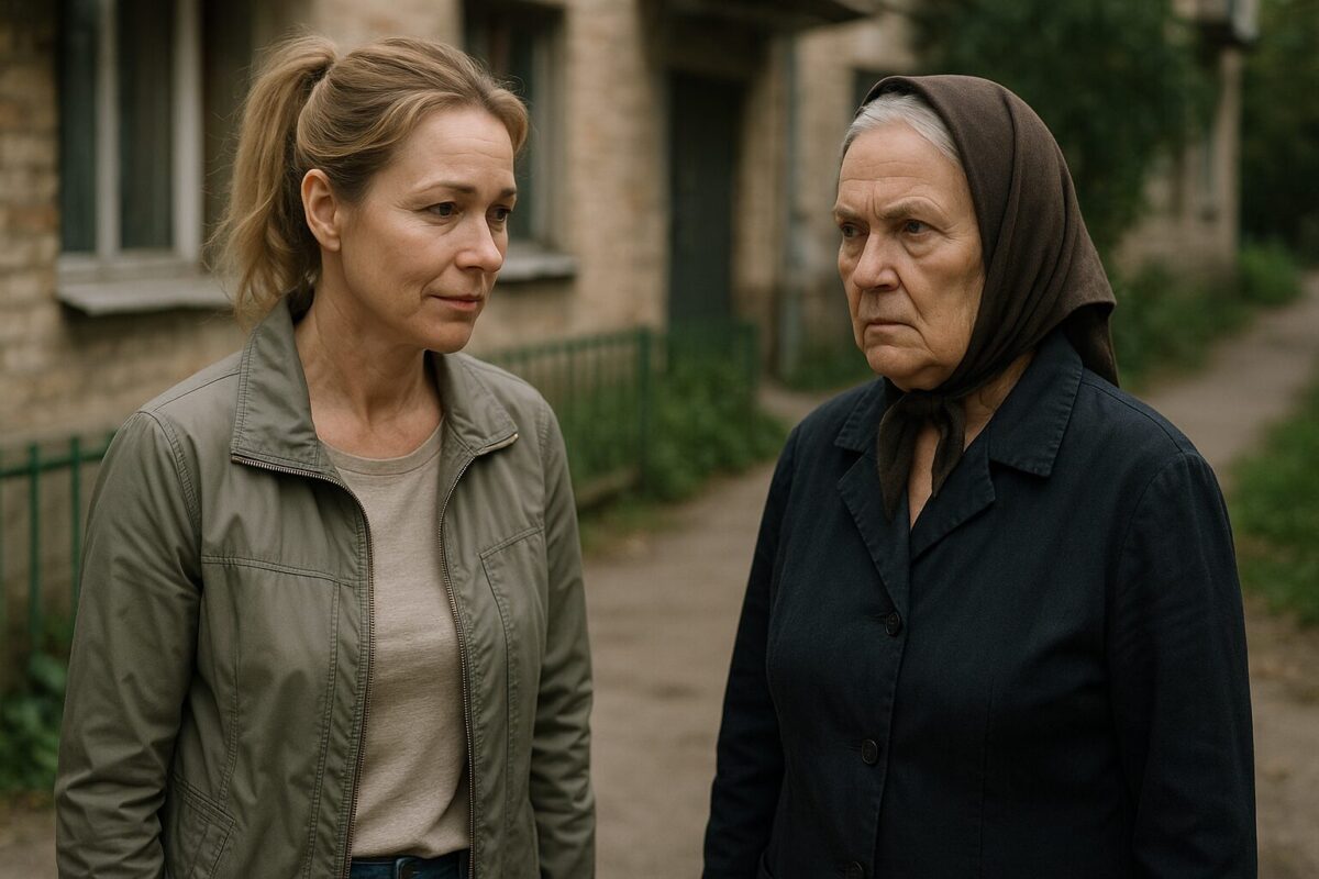 Две женщины стоят во дворе на фоне старых кирпичных домов. Женщина слева — около 45 лет, в светлой куртке и с собранными в хвост светлыми волосами, смотрит с тревогой и недоумением.