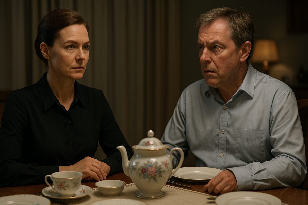 Женщина с интеллигентной внешностью в строгой тёмной блузке и аккуратной причёске сидит за столом напротив мужчины в голубой рубашке с расстёгнутой верхней пуговицей. Между ними — сервированный фарфоровый стол, атмосфера напряжённая. У женщины выражение решимости, у мужчины — недоумение и настороженность.