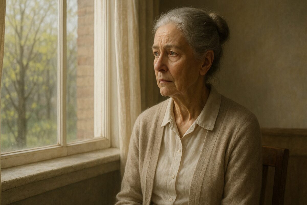 Пожилая женщина с седыми волосами, собранными в аккуратный пучок, сидит у окна в комнате, залитой мягким весенним солнцем. На её лице — выражение грусти и тихого раздумья, в глазах — след утраты и достоинства. На фоне за окном видны распускающиеся деревья.