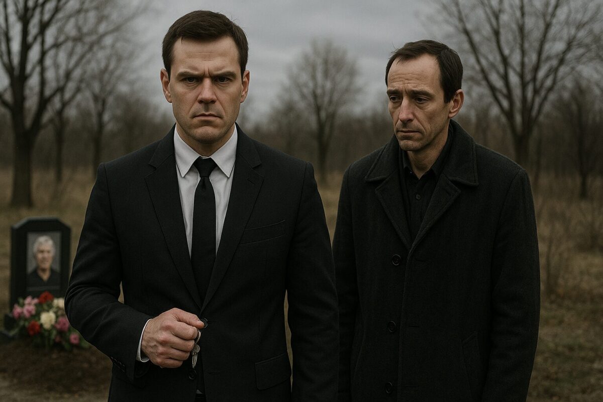 Два мужчины стоят у свежей могилы пожилой женщины. Один — моложе, в чёрном костюме с ключами в руке, с упрямым выражением лица. Второй — старше, в тёмном поношенном пальто, с печальным взглядом. Осенняя природа вокруг: голые деревья, серое небо, унылая обстановка. Между ними ощущается напряжение и отчуждённость.