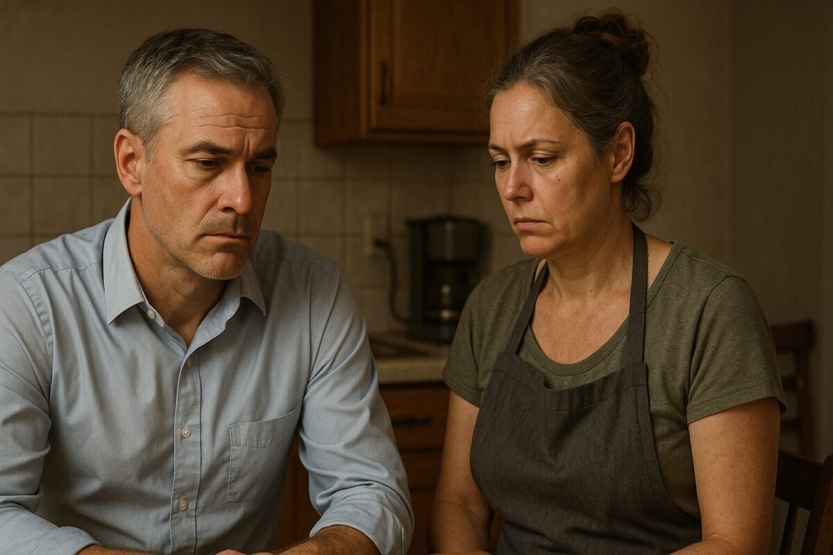 Мужчина и женщина среднего возраста сидят рядом на кухне, избегая взгляда друг на друга; у обоих на лицах усталость и отстранённость, в атмосфере чувствуется эмоциональное напряжение и отголоски ушедшей близости.