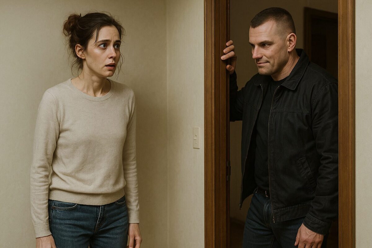 Марина в светлой кофте и джинсах с испуганным выражением лица стоит внутри квартиры, а Алексей в тёмной куртке и джинсах с холодной усмешкой стоит в дверном проёме, опираясь на косяк; между ними напряжённая атмосфера.